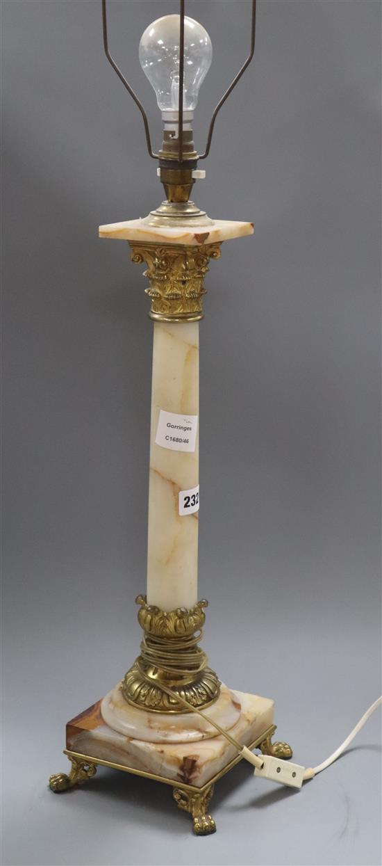 A brass mounted green onyx corinthian column table lamp height 76cm
